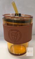 NEW HBMianice Insulated Amber Glass Tumbler w/ Lid, Straw, PU Sleeve, 16oz, Double-Wall, #124