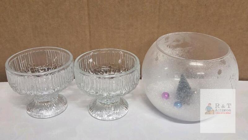 Set of 2 Ribbed Glass Dessert Dishes & 1 Fishbowl Vase with Winter Scene, Clear Pressed Glass