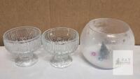 Set of 2 Ribbed Glass Dessert Dishes & 1 Fishbowl Vase with Winter Scene, Clear Pressed Glass