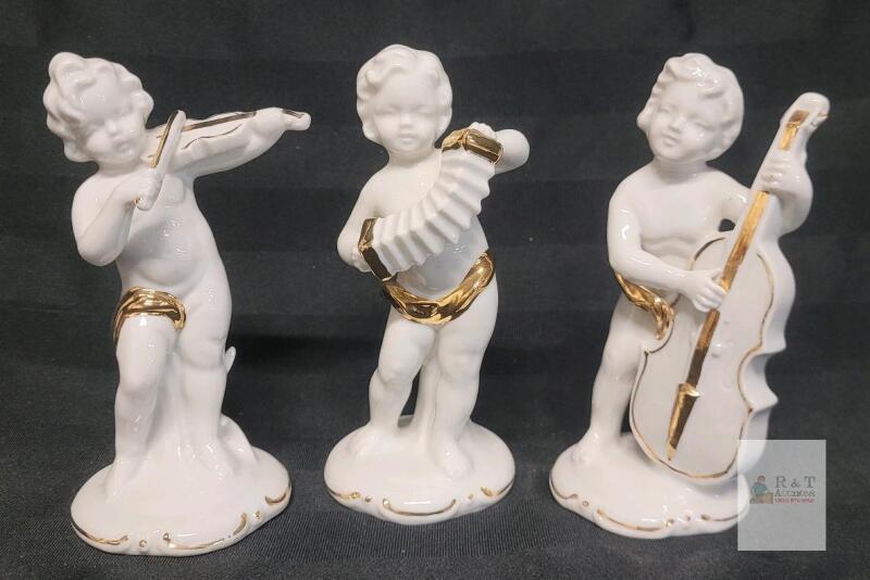 Porcelain Cherub Musician Figurines Set, 5" Tall, Gold Accents, Made in Japan &ndash; Trio