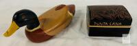 Duck-Shaped Painted Wood Trinket Box & Punta Cana Carved Souvenir Floral Wooden Box, 9.5" & 5"