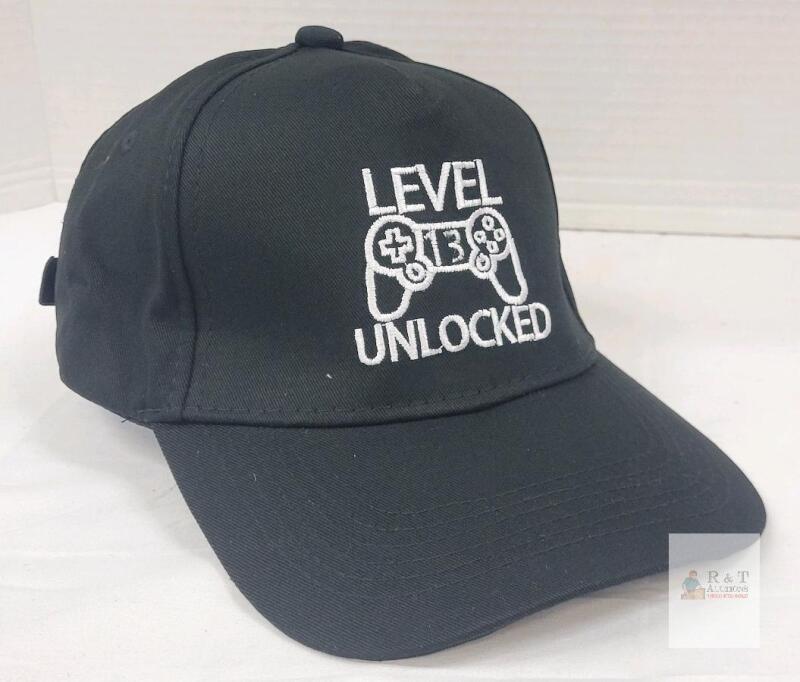 NEW O/S Level 13 Unlocked Black Baseball Cap, Adjustable Strap, Embroidered Video Game Controller Design