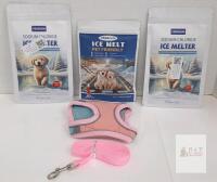 Pet Care Bundle Yegbong Pet Friendly Ice Melt 3-Pack, Small Dog Harness & Leash Bundle, Pink/Blue