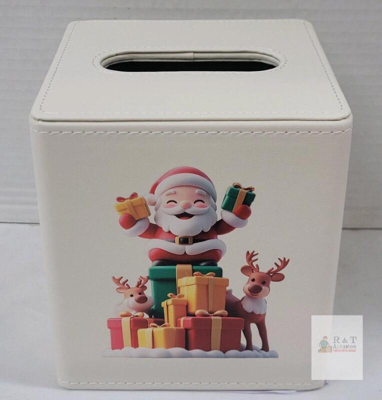NEW Christmas Santa & Reindeer Square Tissue Box Cover, PU Leather, 5.3"x5.3", X004THVLQD, China