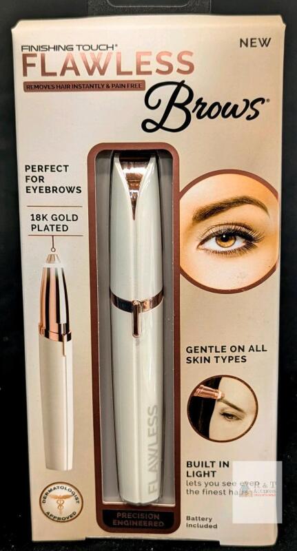 NEW Finishing Touch Flawless Brows Eyebrow Remover, 18K Gold Plated, White/Rose Gold, Battery Included