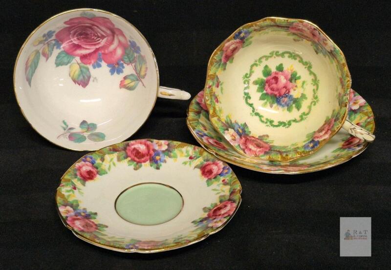 Paragon Tapestry Rose Fine Bone China Teacup, Saucer & Plate Set, c.1957 England, Gold Trim No chips or cracks Pink Cabbage Rose cup rings true Tapestry rose pattern cup doesn't ring true