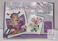 NEW Adult Coloring Book Set with 36 Dual-Tip Markers, 40 Pages Featuring Women, Flowers, Animals, and Mandalas