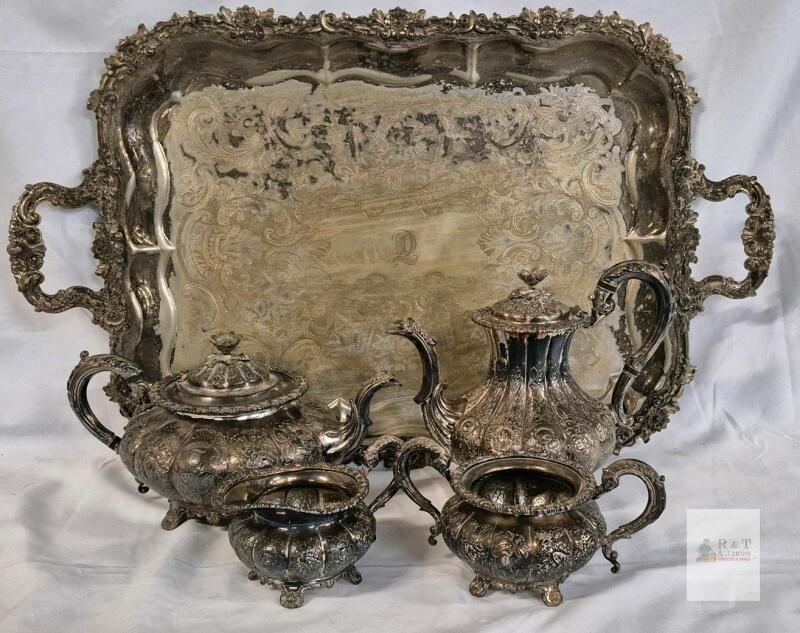 Sheffield Reproduction Silver Plate Tea & Coffee Set, Ornate Floral, England, 5-Piece w/ Tray