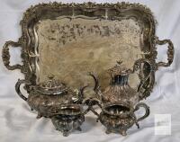 Sheffield Reproduction Silver Plate Tea & Coffee Set, Ornate Floral, England, 5-Piece w/ Tray