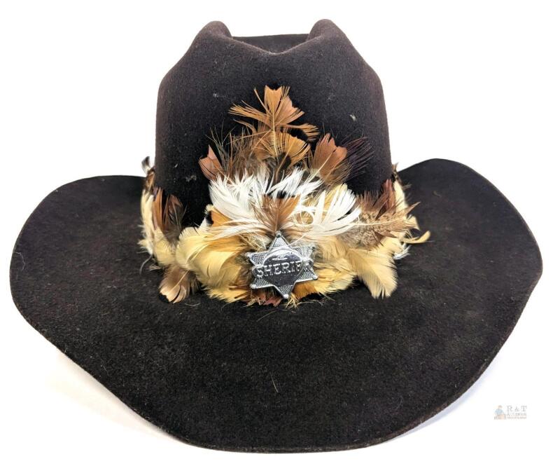 Vintage 22" Circumference STITCHBILT Futura Felt Feathered Sheriff Cowboy Hat, Dark Brown Felt
