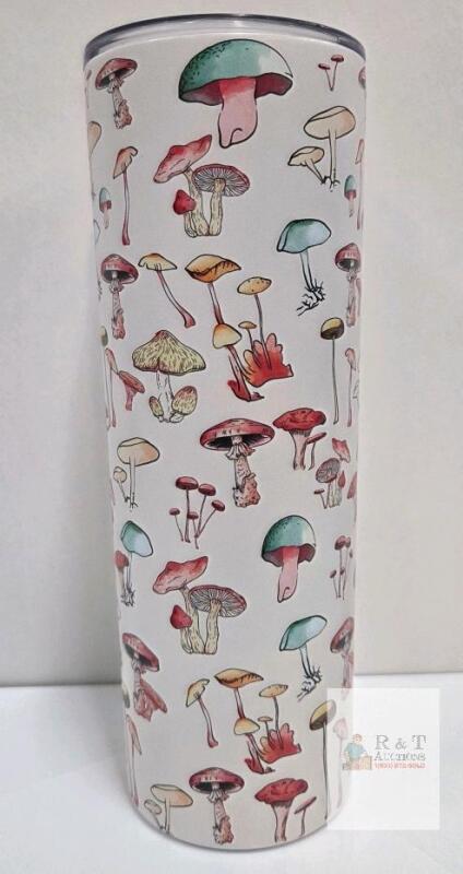 NEW 20oz Stainless Steel Double Wall Vacuum Insulated Tumbler with Mushroom Design & Sliding Lid