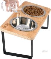 New Whoedec Elevated Cat Bowls 15&deg; Tilted Raised Pet Food and Water Stainless Steel Bowl, Wood Stand With Metal Legs Feeder with Laser-Etched Pawprints & Happy Cat Design