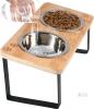New Whoedec Elevated Cat Bowls 15&deg; Tilted Raised Pet Food and Water Stainless Steel Bowl, Wood Stand With Metal Legs Feeder with Laser-Etched Pawprints & Happy Cat Design