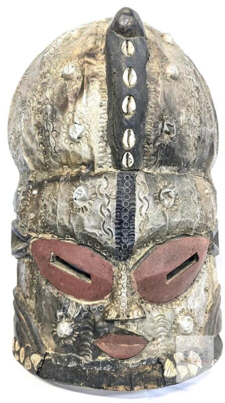 Large 18" Long Vintage African Kuba Bwoom Mask With Embedded Cowrie Shells & Recycled Metal Embellishments