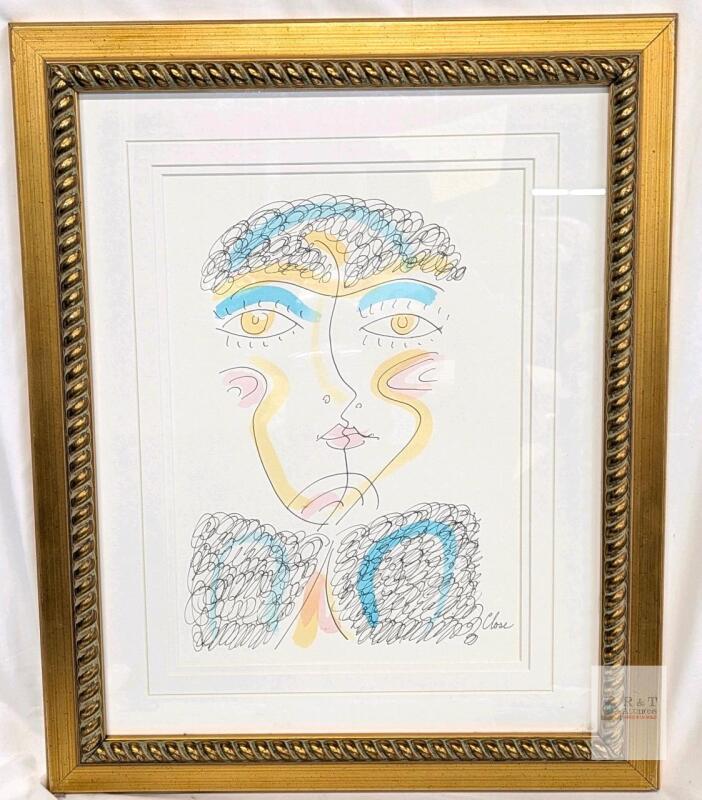 Abstract Ink & Watercolor Portrait Signed " Close ", 17.25" &times; 21" Framed & Matted, No COA (See Desc)