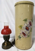 Tall Vintage Handpainted Lidded Tin Trash Can (?) & Small Vintage Table Lamp.