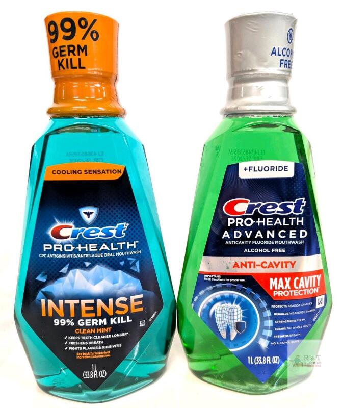 2 New Crest Pro-Health Mouthwashes : Intense 99% Germ Kill Clean Mint & Alcohol-Free Max Cavity Protection, 1L ea [exp 09/2026]