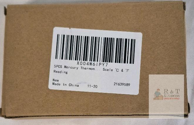 5 Mercury Thermometers, Dual Scale &deg;C & &deg;F, Glass, New, Medical,