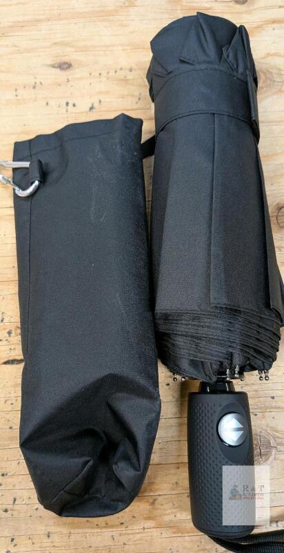 new Black Compact Travel Umbrella, Automatic Open/Close, Carabiner Sleeve, 42" Canopy, 12" Folded