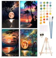 4 Pack Paint by Number Kit for Adults Framed Canvas, DIY Adult Paint by Number Kits with Easel, Acrylic Easy Paint by Numbers for Beginners, Moon Sunset Arts and Crafts for Home Decor 8"&times;12"