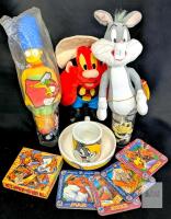 Vintage Gubson Looney Tunes Bugs Bunny Mug & Bowl, BillyBee & Mickey/Minnie Cups, Bugs Bunny & Yosemite Sam Plushes, Sealed Marge Simpsons Burger King Doll & Joe Camel Coaster Set
