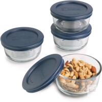 New 4-Pack ANCHOR HOCKING 1-Cup Round Glass Food Storage Containers with Plastic Lids, Snugfit Glass Storage