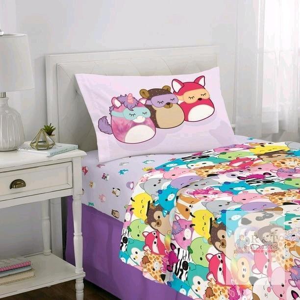 New Twin-Size SQUISHMALLOWS Microfiber 3-Piece Sheet Set, 1 Fitted Sheet, 1 Flat Sheet, 2 Reversible Pillowcases Some Marks From Transit