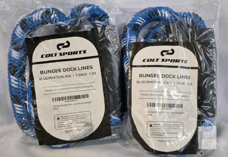 2 Colt Sports 5ft Bungee Dock Line Blue/White/Black, Adjustable Shock-Absorbing Boat Rope