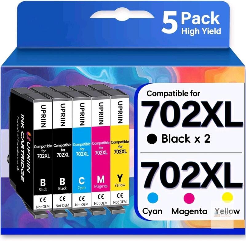 New 5-Pack Compatible 702 702XL Ink Cartridges Combo Pack Remanufactured Replacement for 702XL T702XL Ink Cartridges for Workforce Pro WF-3720 WF-3730 WF-3733 , 2&times; Black, 1&times; Cyan, 1&times; Magenta, 1&times; Yellow