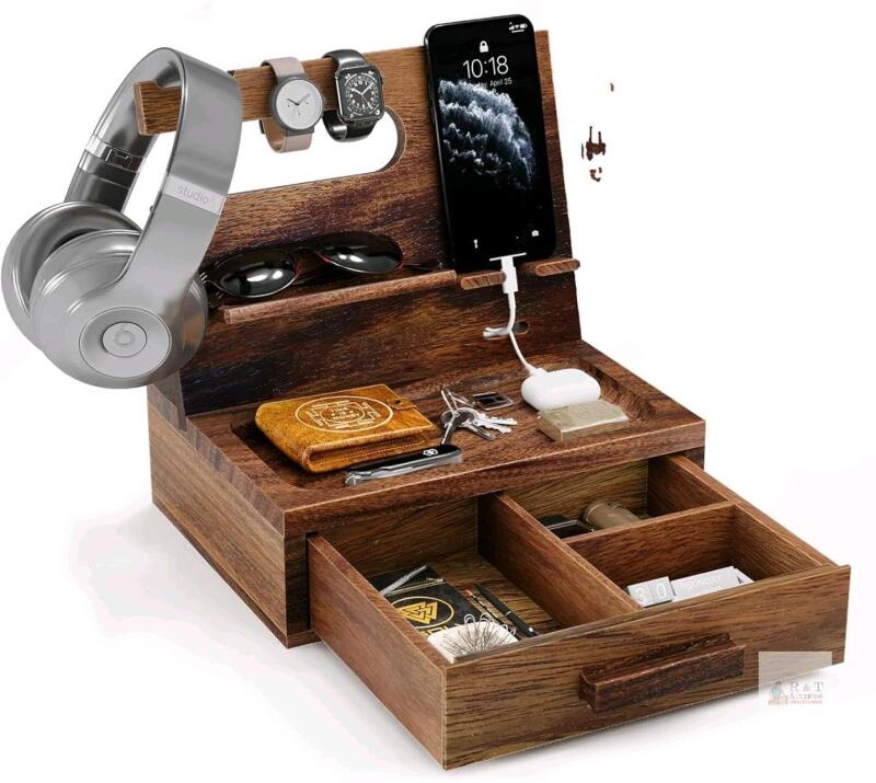 As-New Semiocthome Wood Bedside Desk Organizer, Great Gift, Wooden Phone Docking Station Brown With Drawer (Walnut Wood)