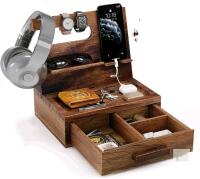 As-New Semiocthome Wood Bedside Desk Organizer, Great Gift, Wooden Phone Docking Station Brown With Drawer (Walnut Wood)