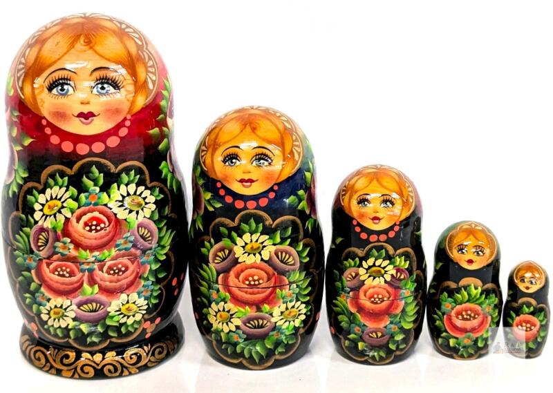Vintage Floral Russian-Style Matryoshka Nesting Dolls 5 Piece Set, Up To 6.5" Tall