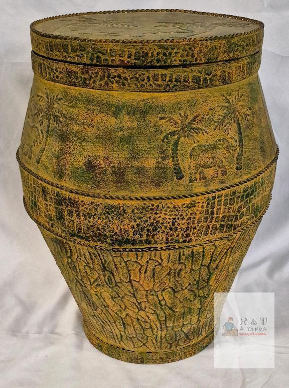 Decorative Embossed Metal Drum Barrel with Elephant & Palm Design, Hinged Lid, 20.5" Tall