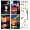 4 Pack Paint by Number Kit for Adults Framed Canvas, DIY Adult Paint by Number Kits with Easel, Acrylic Easy Paint by Numbers for Beginners, Moon Sunset Arts and Crafts for Home Decor 8"&times;12"