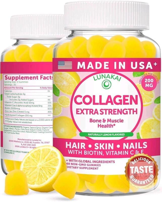 New Lunakai USA Made Collagen Peptides Gummies - 200mg Non-GMO Anti-Aging Formula with Biotin, Zinc, Vitamins C & E for Hair, Skin and Nails, 60ct (exp 06/2027)