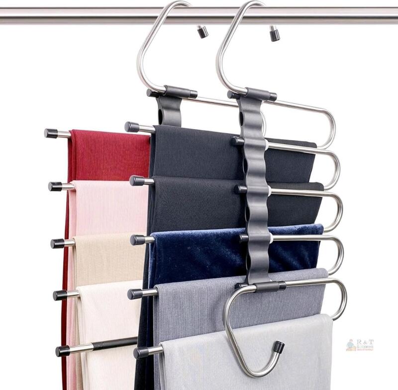 New 2-Pack Space Saving Magic Pants Hanger, Multiple Layers Multifunctional Uses Rack Organizer for Trousers Scarves Slack (2 Pack with 10 Metal Clips)