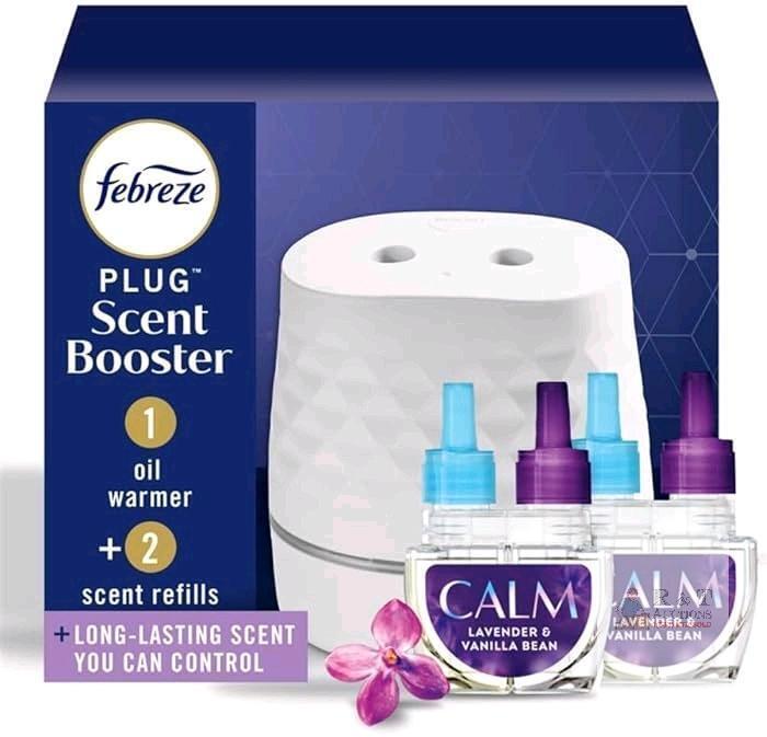 New Febreze PLUG Scent Booster Starter Kit, White, Oil Diffuser, Air Freshener Plug In, Continuous Scent Device + 1 Downy Calm Refill