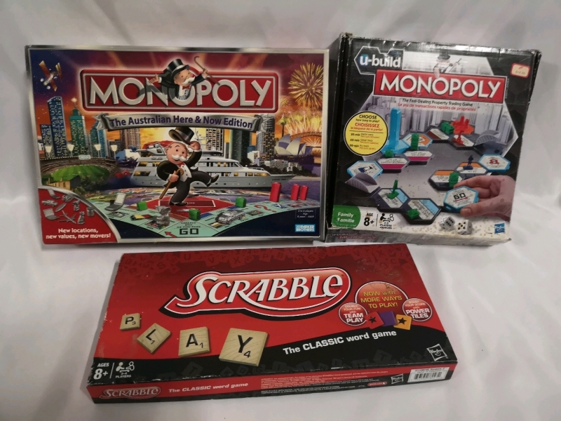 3 Board Games Monopoly Australian + Scrabble
