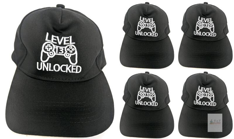 5 New "Level 15 Unlocked" Embroidered Baseball Caps, 13th Birthday Party Prizes, O/S Adjustable