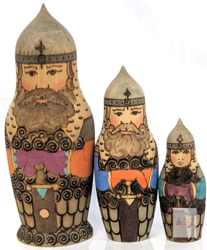 Vintage Russian Handpainted & Pyrography Warrior Matryoshka Nesting Dolls 3 Piece Set, Unusual Shape, Up To 7.2" Tall