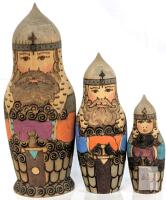Vintage Russian Handpainted & Pyrography Warrior Matryoshka Nesting Dolls 3 Piece Set, Unusual Shape, Up To 7.2" Tall