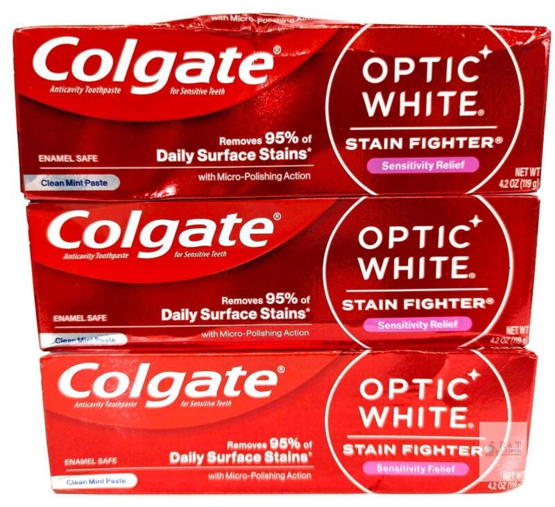 New 3-Pack COLGATE Optic White Anticavity Toothpaste For Sensitive Teeth, Enamel Safe, Clean Mint Toothpaste, 119g ea [exp 11/2026]