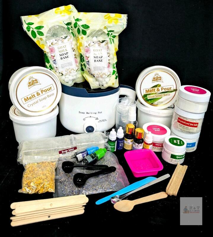 [bb 03/2026] New & As-New Soap Making Supplies : Electric Melting Pot, Goat Milk, Crystal & Aloe Soap Bases, Colorants, Additives, Florals, Scents, Mold & Tools