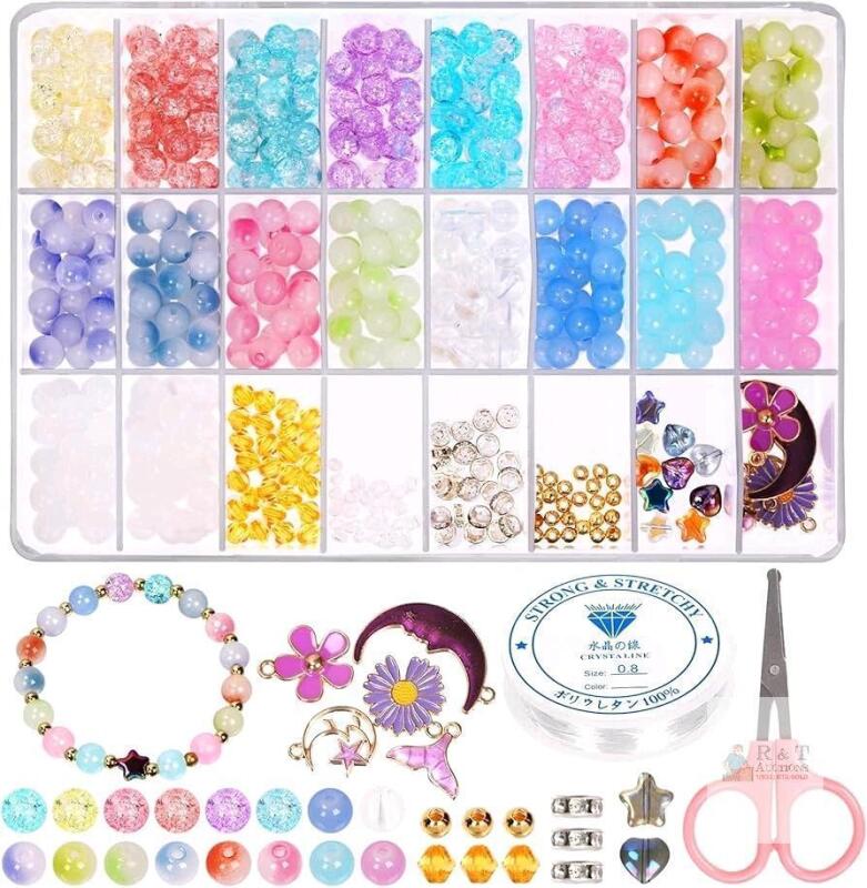 New Swpeet 627Pcs 18 Colors 8mm Transparent Color Glass Beads Bracelet Making Kit Includes Acrylic Glass Beads, Pendant, Spacer Beads, Scissors, Elastic Strings Cord for DIY Beading Necklace