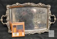Ornate Silver-Plated Serving Tray ~29.5" w/ Handles & Unopened Bambusi Cheese Marker Set
