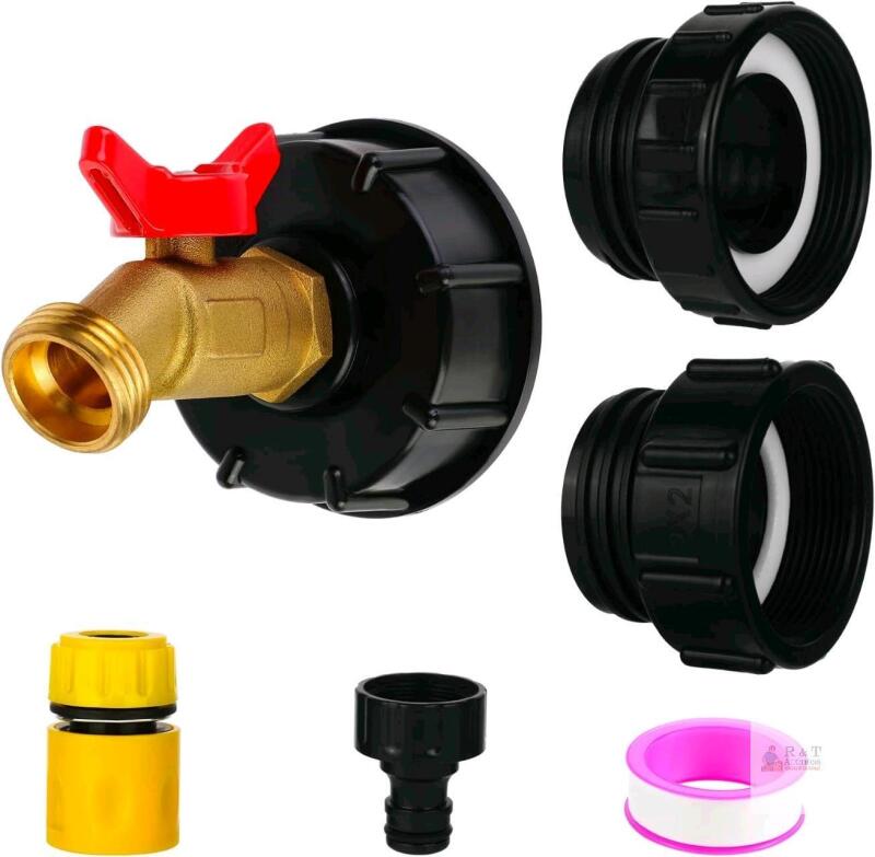New IBC Tote Adapter, 275-330 Gallon IBC Bag Tank Fittings, 1/2in Brass Water Shut-Off Hose Valve Faucet, 2.44in Fine Thread & 2.36in Coarse Thread Tote Valve, Garden Hose Quick Connector Adapter