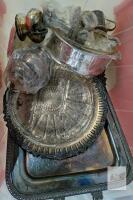 Large Mixed Lot Silver-Plated Serving Trays, Goblets, Ornate Dish, Glass Insert, 22.5"x16"