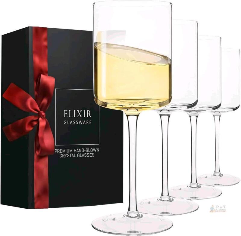 New ELIXIR Glassware Set of 4 Lead-Free Crystal Square Wine Glasses, 14oz Long Stem - Unique Modern Shape