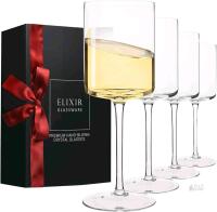 New ELIXIR Glassware Set of 4 Lead-Free Crystal Square Wine Glasses, 14oz Long Stem - Unique Modern Shape