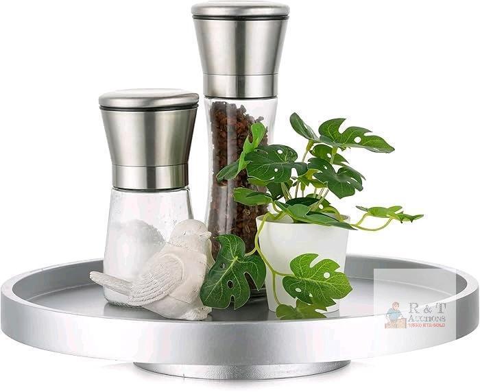 New Hanobe 12" Lazy Susan Turntable Organizer: Champagne Sliver Wood Spice Rack Modern Decorative Tray Round Rotating Storage for Cabinet Countertop Pantry Kitchen Bathroom